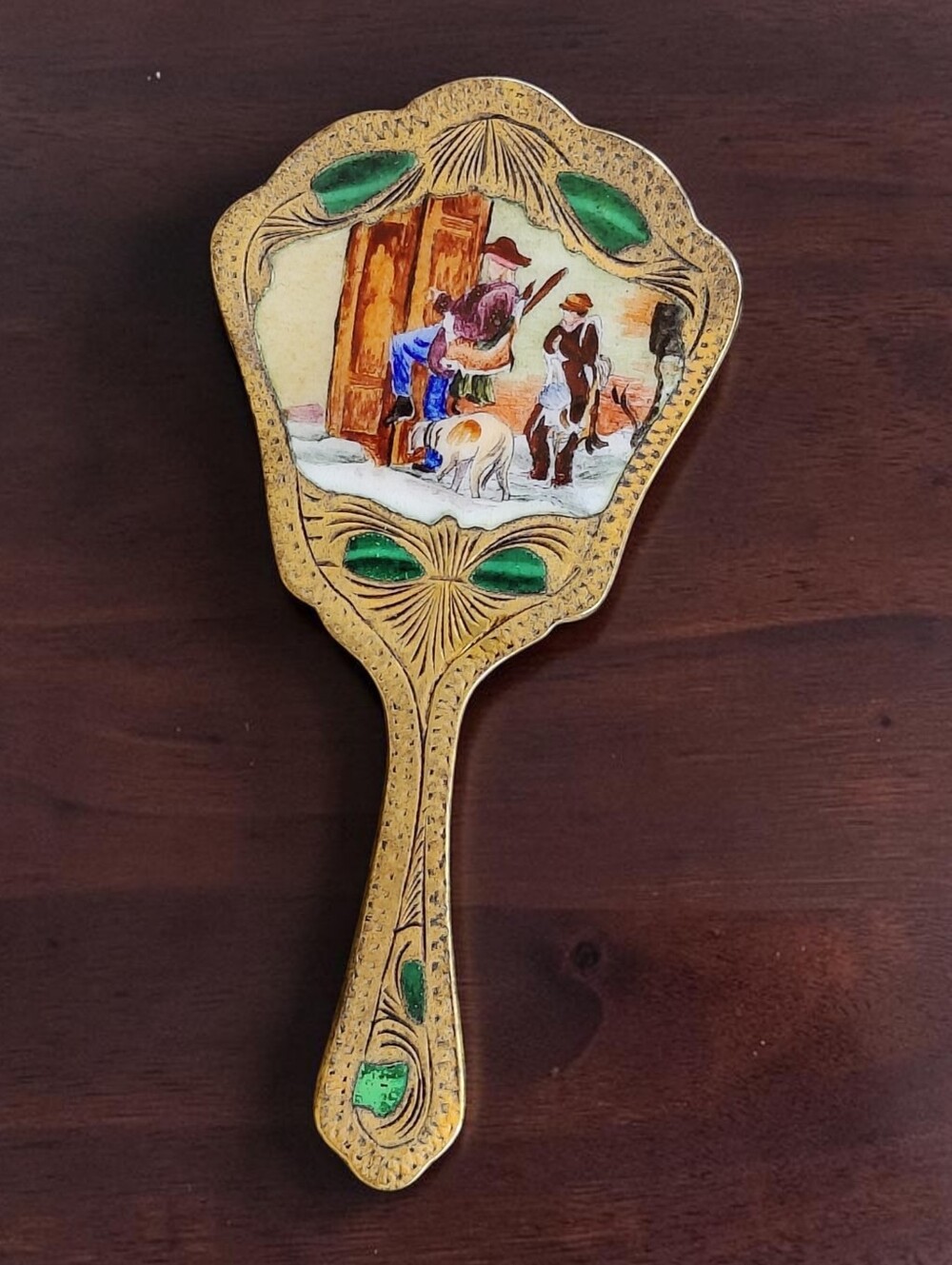 Antique Gold Gilt 800 Silver Painted Scene Small Mirror